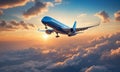 Airplane flying above the clouds at sunset Royalty Free Stock Photo