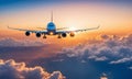 Airplane flying above the clouds at sunset Royalty Free Stock Photo