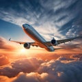 Airplane is flying above the clouds at sunset in summer. Landscape with passenger airplane, beautiful clouds, blue sky Royalty Free Stock Photo