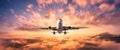 Airplane is flying above the clouds at sunset in summer Royalty Free Stock Photo