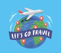 Airplane flying above the Earth. Around the world travelling concept. Flat cartoon vector illustration Royalty Free Stock Photo