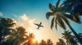 Airplane flying above palm trees in clear sunset sky with sun ray Royalty Free Stock Photo