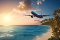 Airplane flying above sea beach and jungle, plane landing at tropical resort, generative AI