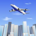 Airplane flying above Skyscraper Royalty Free Stock Photo