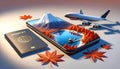 Smartphone Displaying 3D Mount Fuji with Airplane and Passport