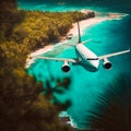 Airplane flying above tropical sea beach, generative AI Royalty Free Stock Photo