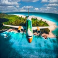 Airplane flying above tropical sea beach, generative AI Royalty Free Stock Photo