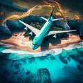 Airplane flying above tropical sea beach, generative AI Royalty Free Stock Photo