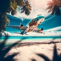 Airplane flying above tropical sea beach, generative AI Royalty Free Stock Photo