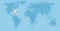 Airplane flying above world map. Aircraft travelling flat vector concept Royalty Free Stock Photo