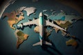 airplane flying above world map. Around the world travelling concept, airplane trip ravel and tourism. generative ai. Royalty Free Stock Photo