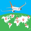 Airplane flying above the world map. Around the world travelling banner. Vector illustration Royalty Free Stock Photo