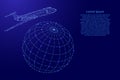 Airplane is flying around the globe from futuristic polygonal blue lines and glowing stars for banner, poster, greeting card. Royalty Free Stock Photo