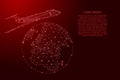 Airplane is flying around the globe map from futuristic polygonal red lines and glowing stars for banner, poster, greeting card. Royalty Free Stock Photo