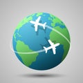 Airplane flying around the globe vector illustration. Worldwide travel and transportation concept. Royalty Free Stock Photo