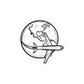 Airplane flying around the world hand drawn outline doodle icon. Royalty Free Stock Photo