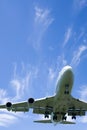 An airplane flying in the blue sky