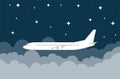 Airplane flying in the clouds. The plane flies on a background of clouds and stars. Vector illustration of a passenger .