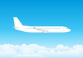 Airplane flying in the clouds. The plane flies over white clouds against a blue sky. Air flight. Vector, cartoon illustration Royalty Free Stock Photo