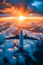 Airplane is flying through cloudy sky with the sun shining behind it creating impressive backdrop for its journey Royalty Free Stock Photo