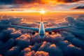 Airplane is flying through cloudy sky with the sun shining behind it creating impressive backdrop for its journey Royalty Free Stock Photo