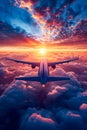 Airplane is flying through cloudy sky with the sun shining behind it creating impressive backdrop for its journey Royalty Free Stock Photo