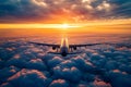 Airplane is flying through cloudy sky with the sun shining behind it creating impressive backdrop for the journey ahead Royalty Free Stock Photo