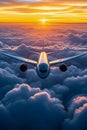 Airplane is flying through cloudy sky at sunset creating impressive view against the backdrop of the setting sun Royalty Free Stock Photo