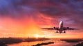 Airplane is flying in colorful sky over city at sunset. Aerial Royalty Free Stock Photo