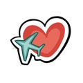 Airplane flying inside heart icon, symbol for logo. Royalty Free Stock Photo
