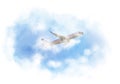 An airplane flying through misty clouds in the sky. Collage with clouds made with computer generated watercolor painting on white