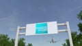 Airplane flying over advertising billboard with American Express logo. Editorial 3D rendering