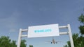 Airplane flying over advertising billboard with Barclays logo. Editorial 3D rendering 4K clip