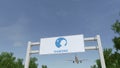Airplane flying over advertising billboard with Danone logo. Editorial 3D rendering 4K clip