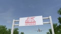 Airplane flying over advertising billboard with Generali Group logo. Editorial 3D rendering Royalty Free Stock Photo