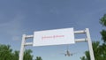 Airplane flying over advertising billboard with Johnson`s logo. Editorial 3D rendering