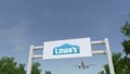 Airplane flying over advertising billboard with Lowe`s logo. Editorial 3D rendering 4K clip