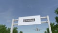 Airplane flying over advertising billboard with SoftBank logo. Editorial 3D rendering