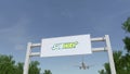 Airplane flying over advertising billboard with Subway logo. Editorial 3D rendering