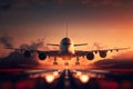 airplane Flying Over Airport Runway Against Sunset. Generative Ai. Royalty Free Stock Photo