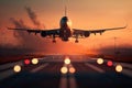 airplane Flying Over Airport Runway Against Sunset. Generative Ai. Royalty Free Stock Photo
