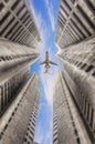 Airplane flying over business skyscrapers in Malaysia. Royalty Free Stock Photo