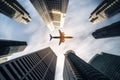 Airplane flying over city business buildings, high-rise skyscrapers Royalty Free Stock Photo