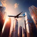 Airplane flying over city filled with tall buildings, urban air travel with plane