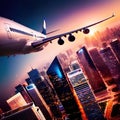 Airplane flying over city filled with tall buildings, urban air travel with plane