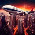 Airplane flying over city filled with tall buildings, urban air travel with plane