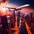 Airplane flying over city filled with tall buildings, urban air travel with plane