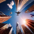 Airplane flying over city filled with tall buildings, urban air travel with plane