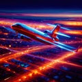 Airplane flying over city, long exposure dynamic motion with light streak Royalty Free Stock Photo