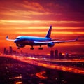 Airplane flying over city, long exposure dynamic motion with light streak Royalty Free Stock Photo